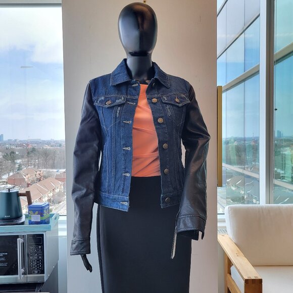 Laundry by Shelli Segal Distressed Denim Leather fusion jacket - Picture 1 of 11